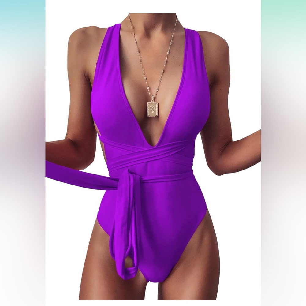 Lilosy Sexy Tie Criss Cross Plunge One Piece Thong High Cut Brazilian Bathing
